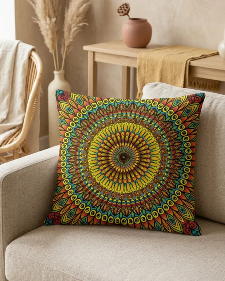 Boho mandala pillow cover with colorful mandala pattern styled on a neutral sofa in a warm boho living room