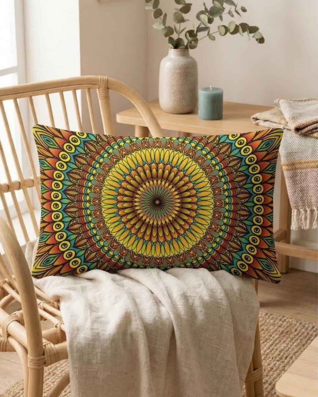 Boho mandala lumbar pillow cover with colorful mandala design styled on a rattan chair in a warm neutral boho interior