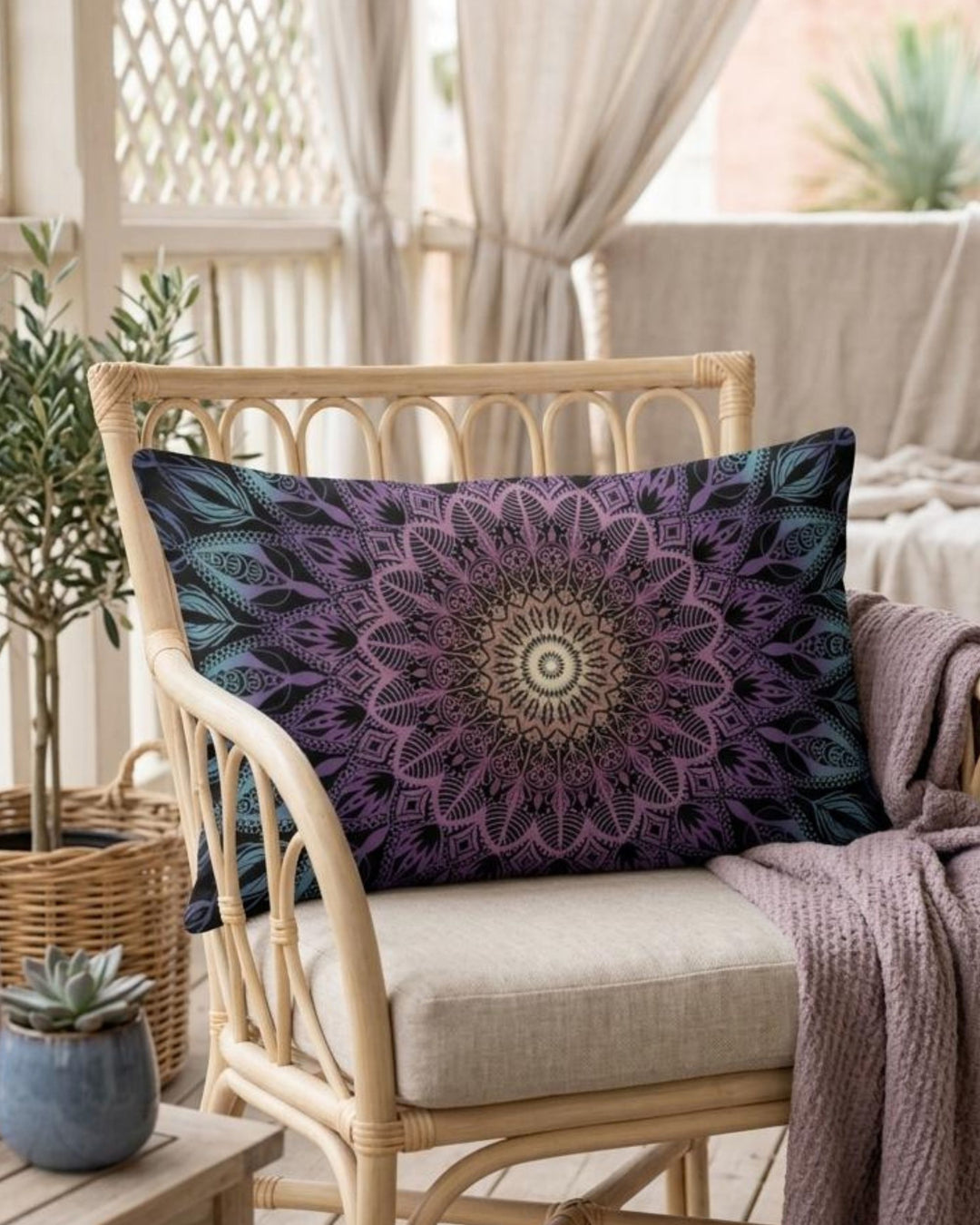 Boho mandala lumbar pillow cover with purple and teal design styled on a rattan chair on a cozy boho veranda