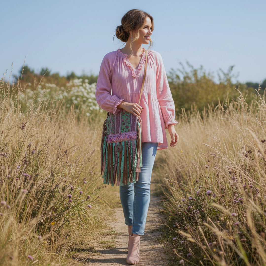 Barkcloth & Velvet Boho Fringe Bag in Mint and Rose