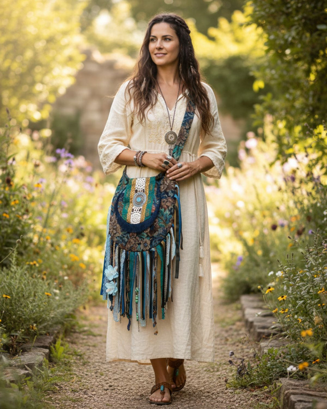 Bohemian Fringe Crossbody Bag – Gobelin Fabric in Petrol