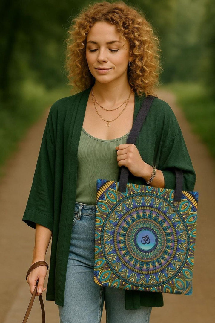 Mandala Tote Bag in Petrol, Purple & Gold – Ohm Symbol