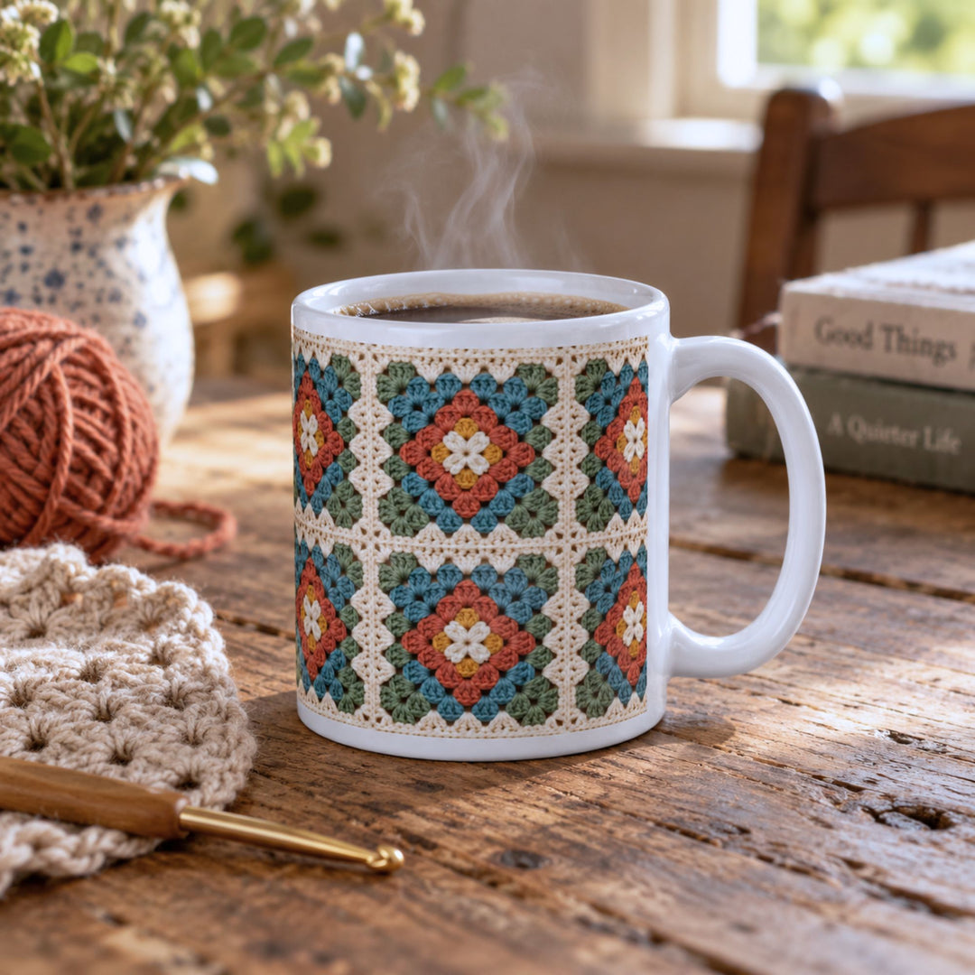 Witte keramische granny square mok met kleurrijk retro haakpatroon in warme boho kleuren