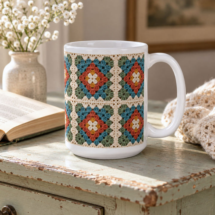Kleurrijke keramische koffiemok met granny square print en gezellige retro boho haaklook