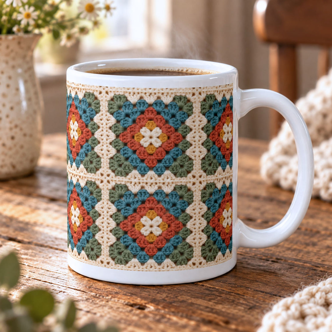 Retro granny square koffiemok met geprint haakpatroon in petrol, roest, saliegroen, crème en mosterdgeel