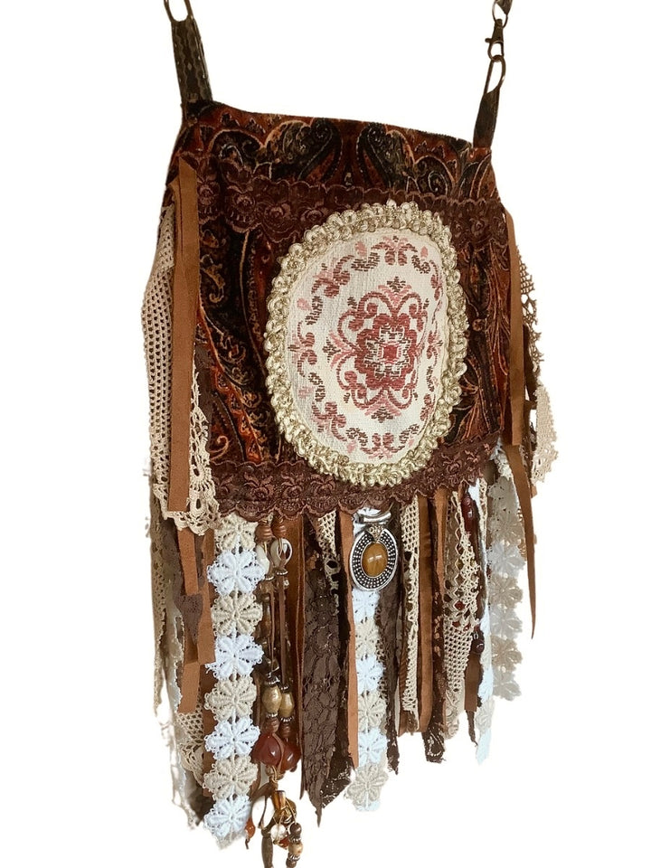 Luxe fluwelen Boho Tas met Franje in bruin, zwart en beige