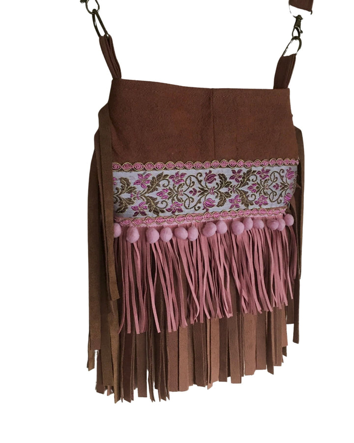 Brown bag with pink fringes and floral embroidery on a white background