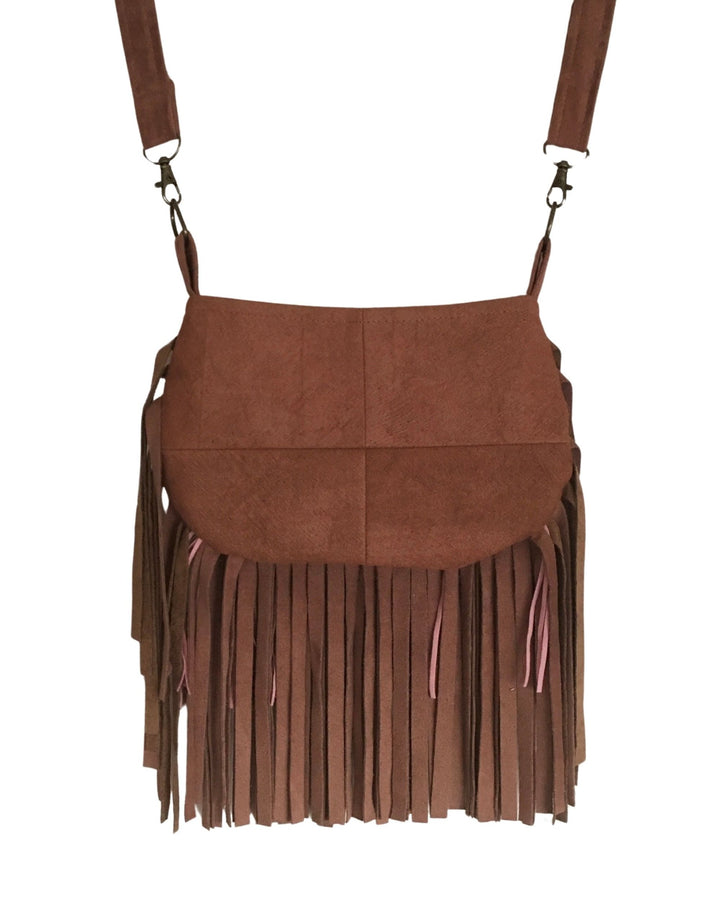 Brown barkcloth handbag with fringe details on a white background