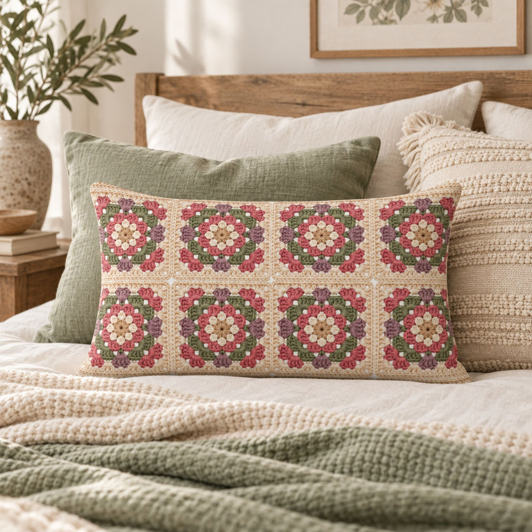 Vierkante bedrukte granny square kussenhoes in een warm vintage boho interieur