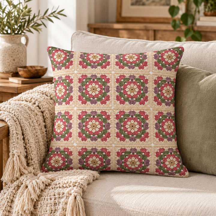 Bedrukte langwerpige granny square kussenhoes gestyled met zachte crèmekleurige en saliegroene stoffen