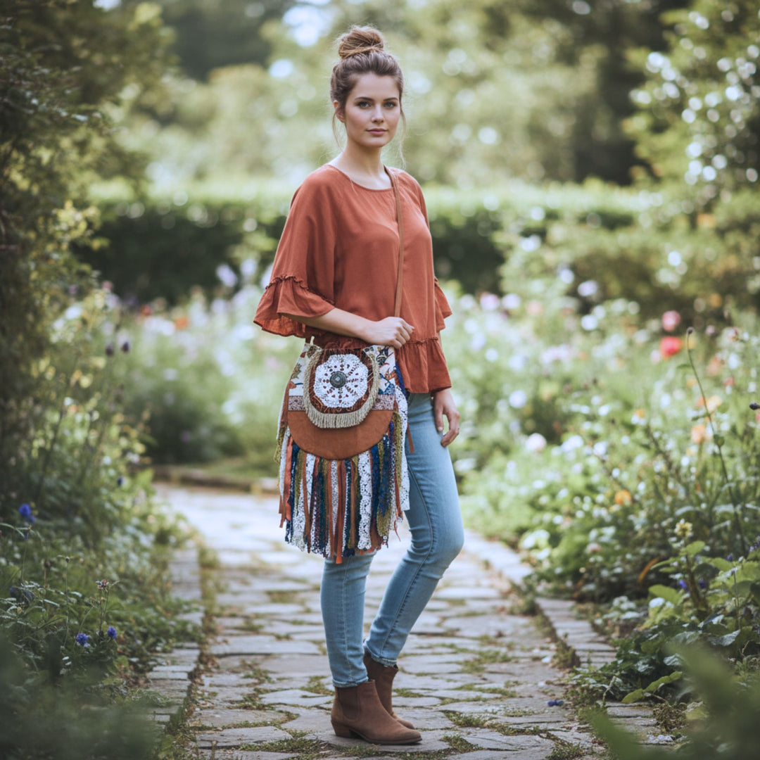 Barkcloth Crossbody Bag with Vintage Lace & Laura Ashley Fabric