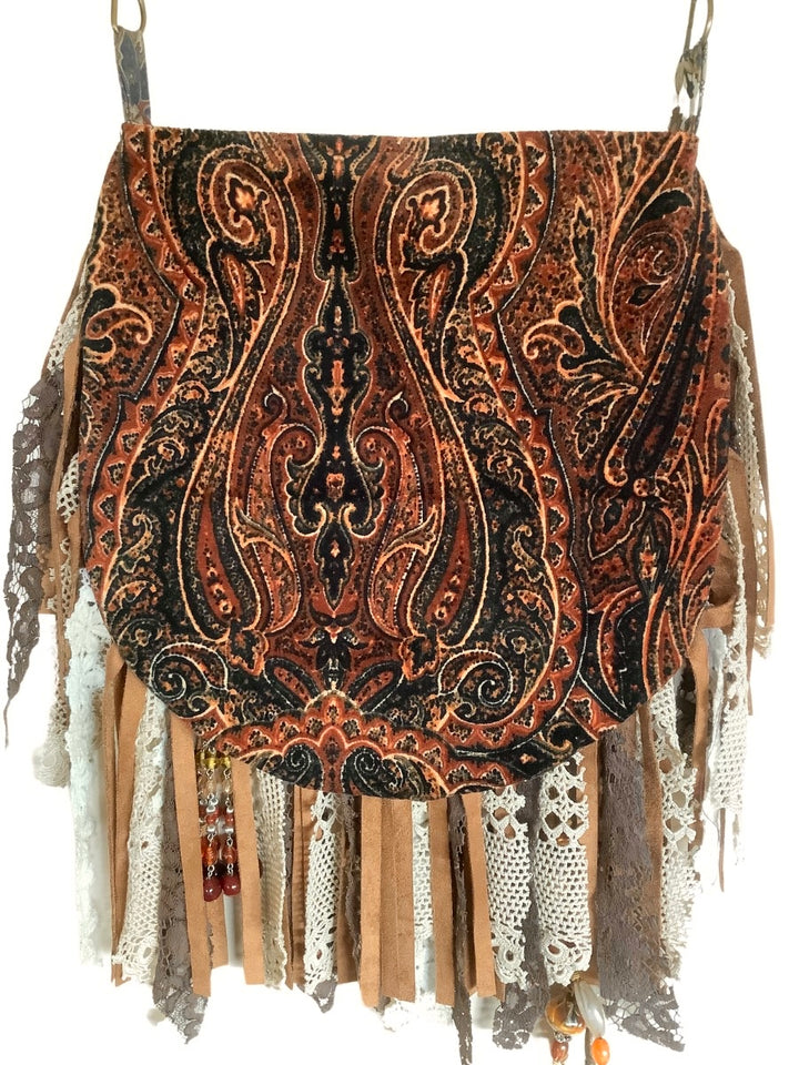 Luxe fluwelen Boho Tas met Franje in bruin, zwart en beige