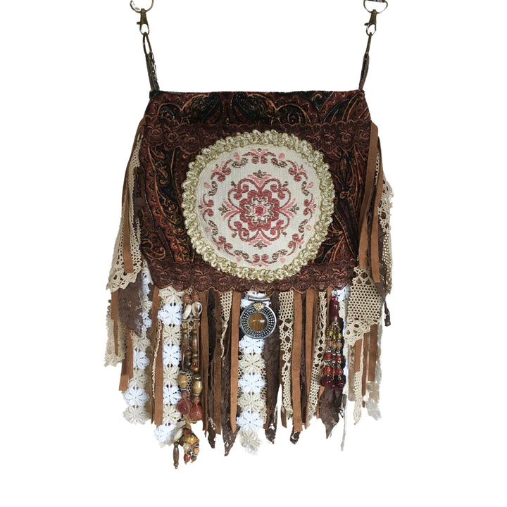 Handmade velvet boho fringe bag with lace, beads, and vintage embellishments
