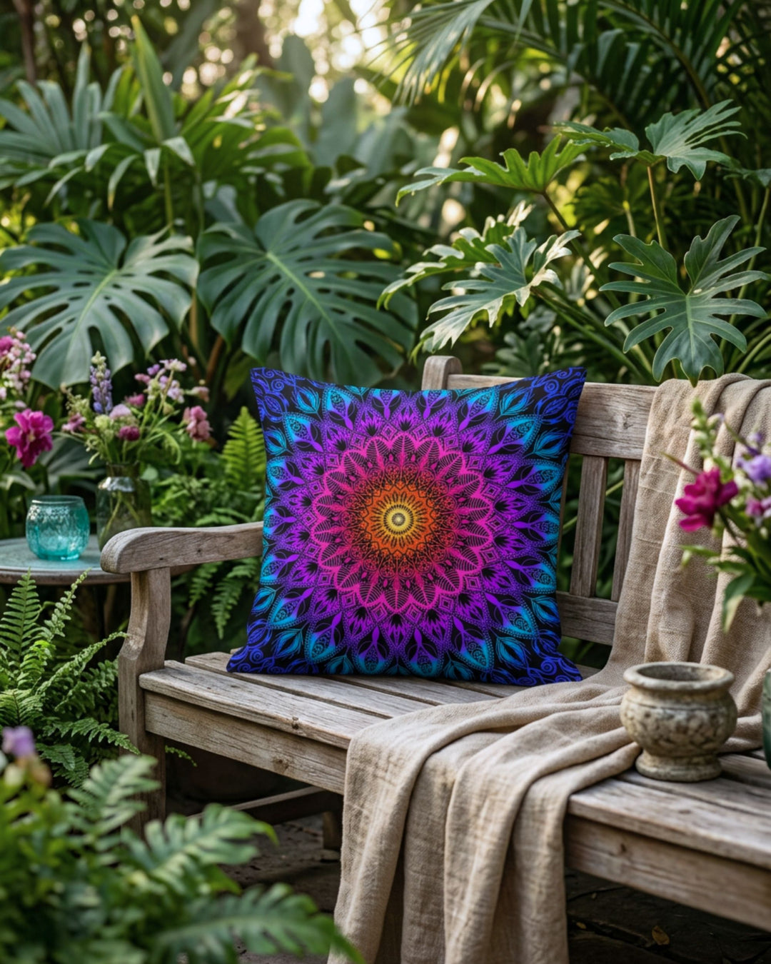 Colorful bohemian mandala pillow with vibrant pink, purple, turquoise and orange design styled on a rustic wooden garden bench surrounded by lush tropical plants, soft flowers and warm natural sunlight.