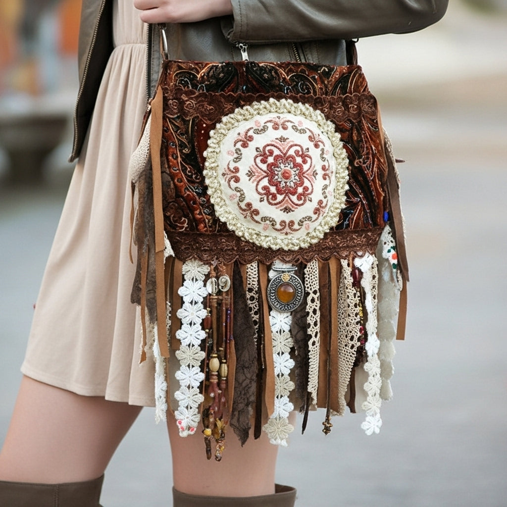 Velvet Boho Fringe Shoulder Bag with Lace, Gobelin & Beads
