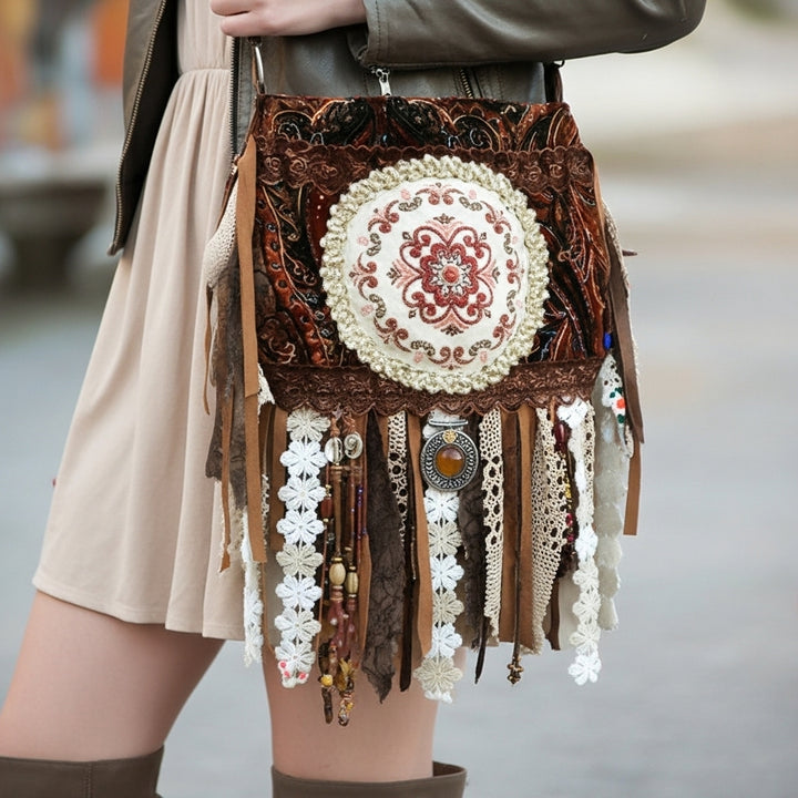 Velvet Boho Fringe Shoulder Bag with Lace, Gobelin & Beads