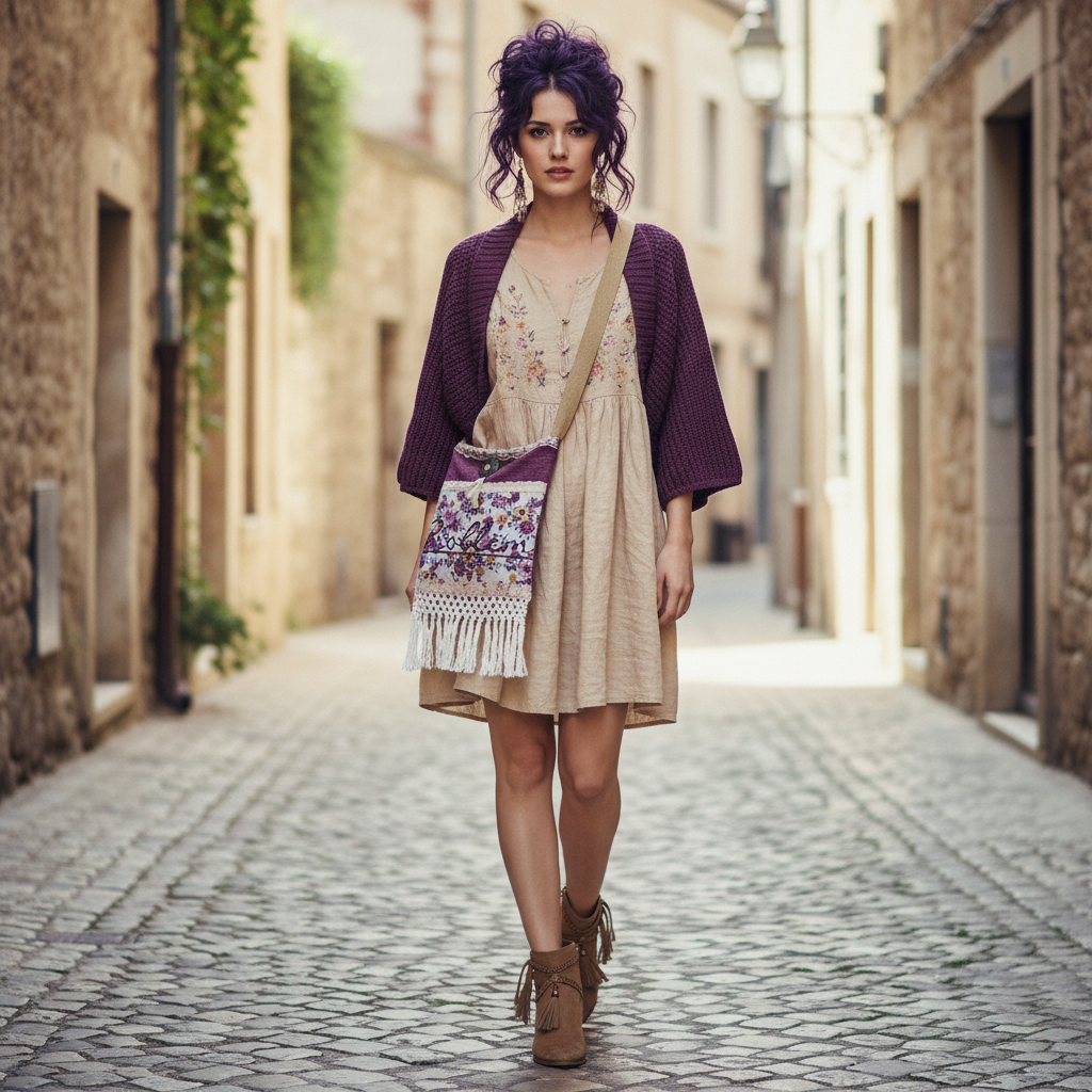 Boho Festival Bag with Lace, Floral Print and Macramé Fringe