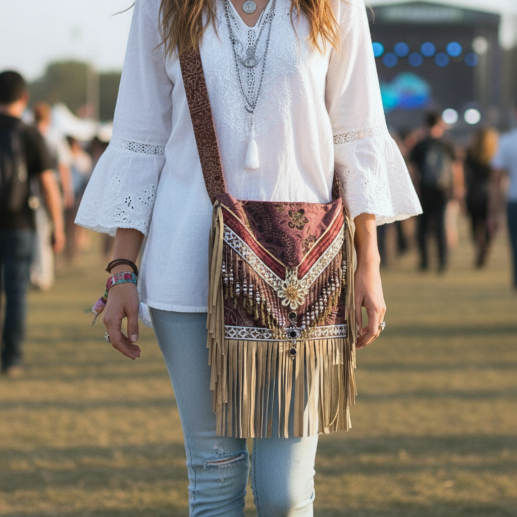 Fabric Boho Festival Bag with Fringe and Beaded Details