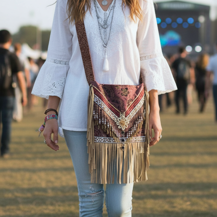 Fabric Boho Festival Bag with Fringe and Beaded Details