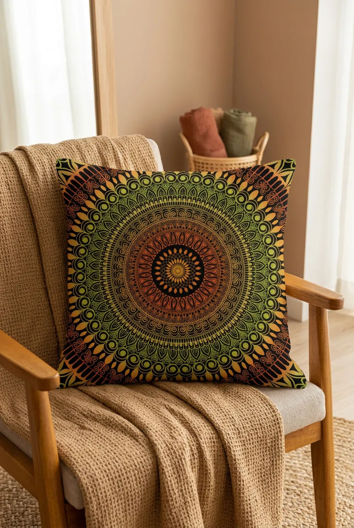 Boho mandala pillow cover with green and orange mandala pattern styled on a wooden armchair in a warm boho interior