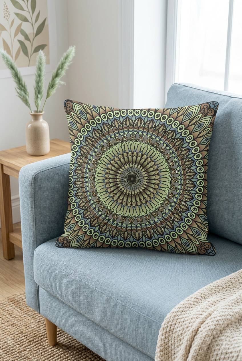 Boho square pillow cover with soft green, beige and muted blue mandala design styled on a pale blue sofa in a calm neutral interior