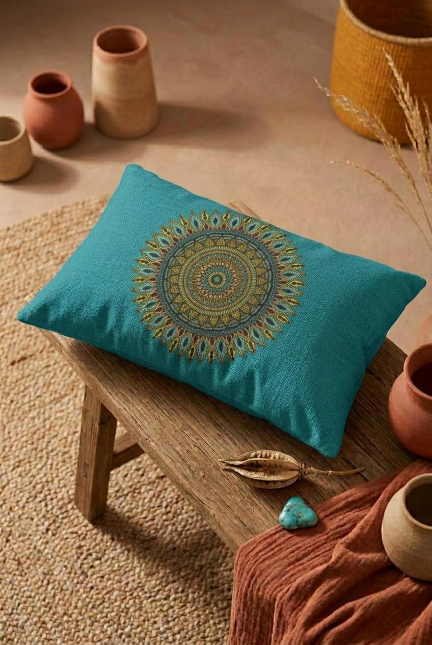 Turquoise boho mandala pillow cover with premium linen texture placed on a rustic wooden bench, styled with warm terracotta decor in a cozy natural setting