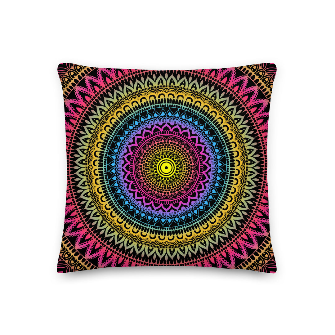 Mystical Fusion: Mehndi Mandala Pillow Cover in Pink, Yellow & Blue