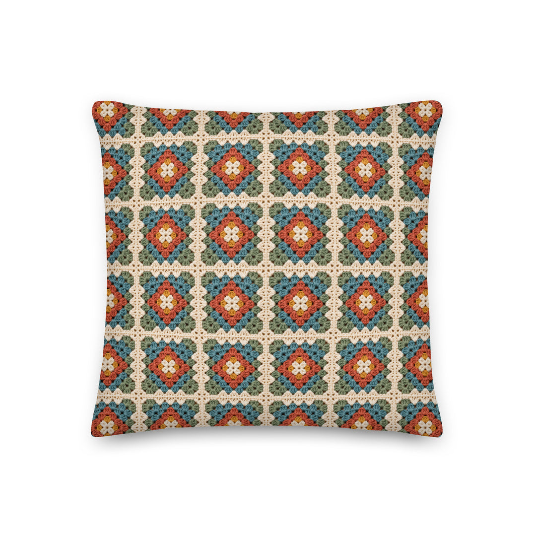 18 inch granny square pillow cover with printed crochet look in rust teal sage and cream