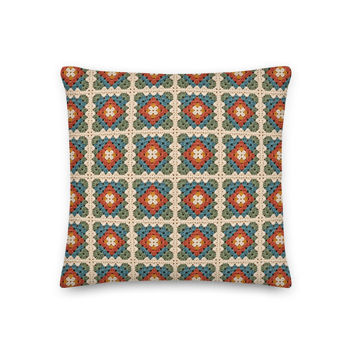 18 inch granny square pillow cover with printed crochet look in rust teal sage and cream