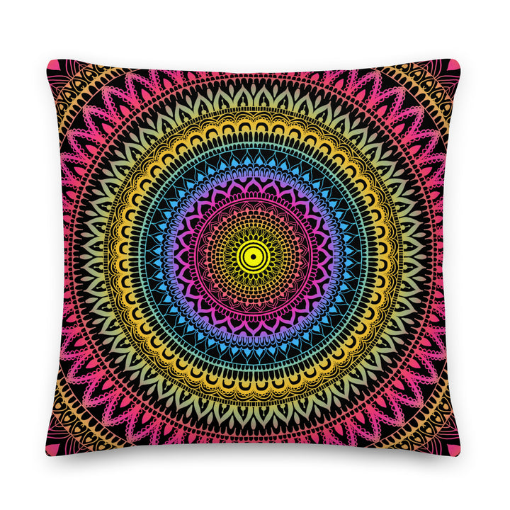 Mystical Fusion: Mehndi Mandala Pillow Cover in Pink, Yellow & Blue