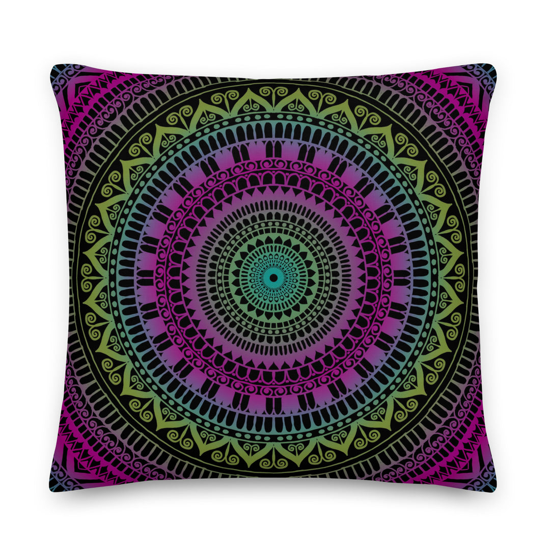 Soothing Delight: Pink & Green Mandala Pillow Cover with Mehndi Embellishments