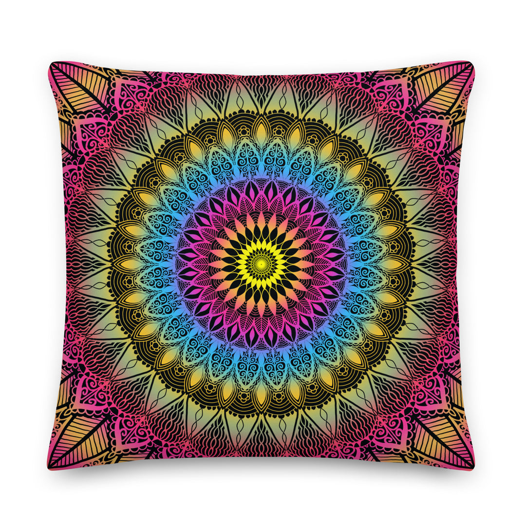 Color Burst: Levendige Mandala-kussenhoes in roze, blauw en geel
