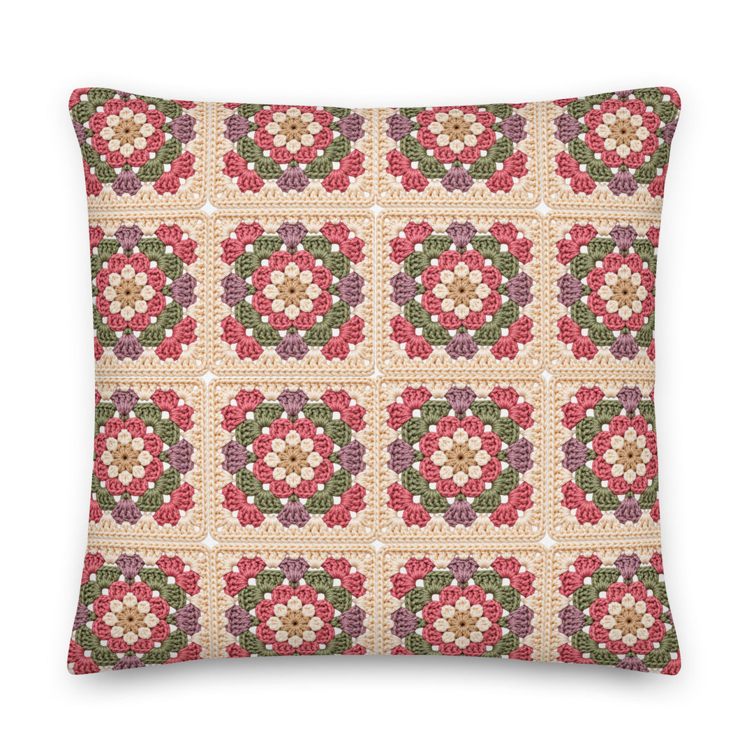Grote vierkante bedrukte granny square kussenhoes met vintage bloemenmotief en gehaakte uitstraling