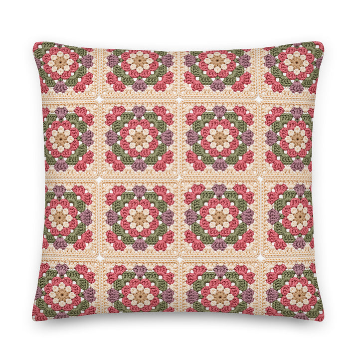 Grote vierkante bedrukte granny square kussenhoes met vintage bloemenmotief en gehaakte uitstraling