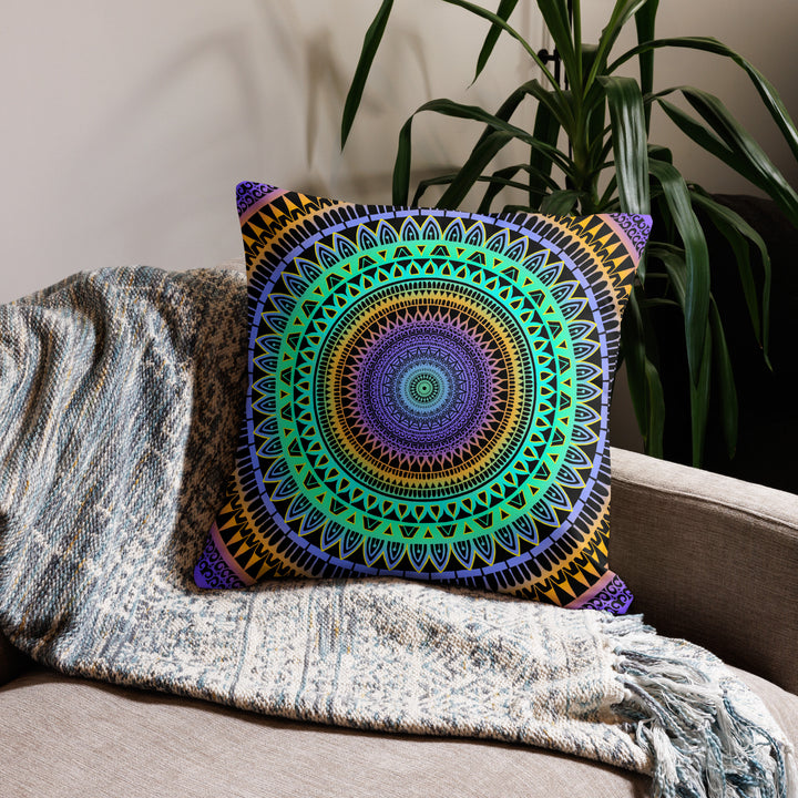 Minty Elegance: Vibrant Mandala Pillow Case in Mint Green, Purple & Yellow