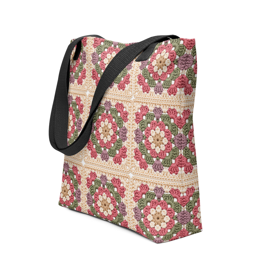 Granny square printed tote bag with dusty pink, sage green and cream crochet look pattern
