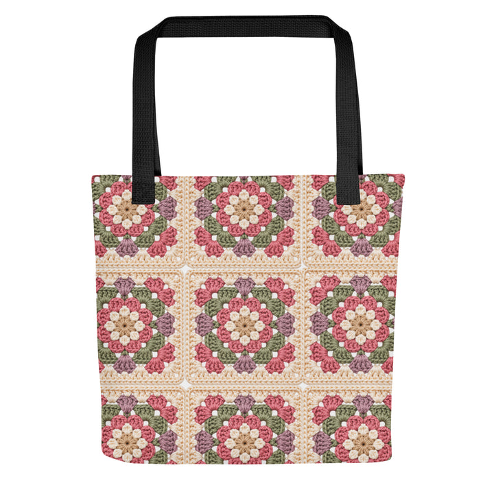 Granny square tote bag mockup with floral crochet look print and black handles