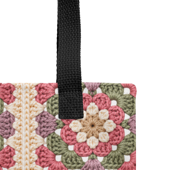Close up of granny square printed tote bag showing fabric and handle details