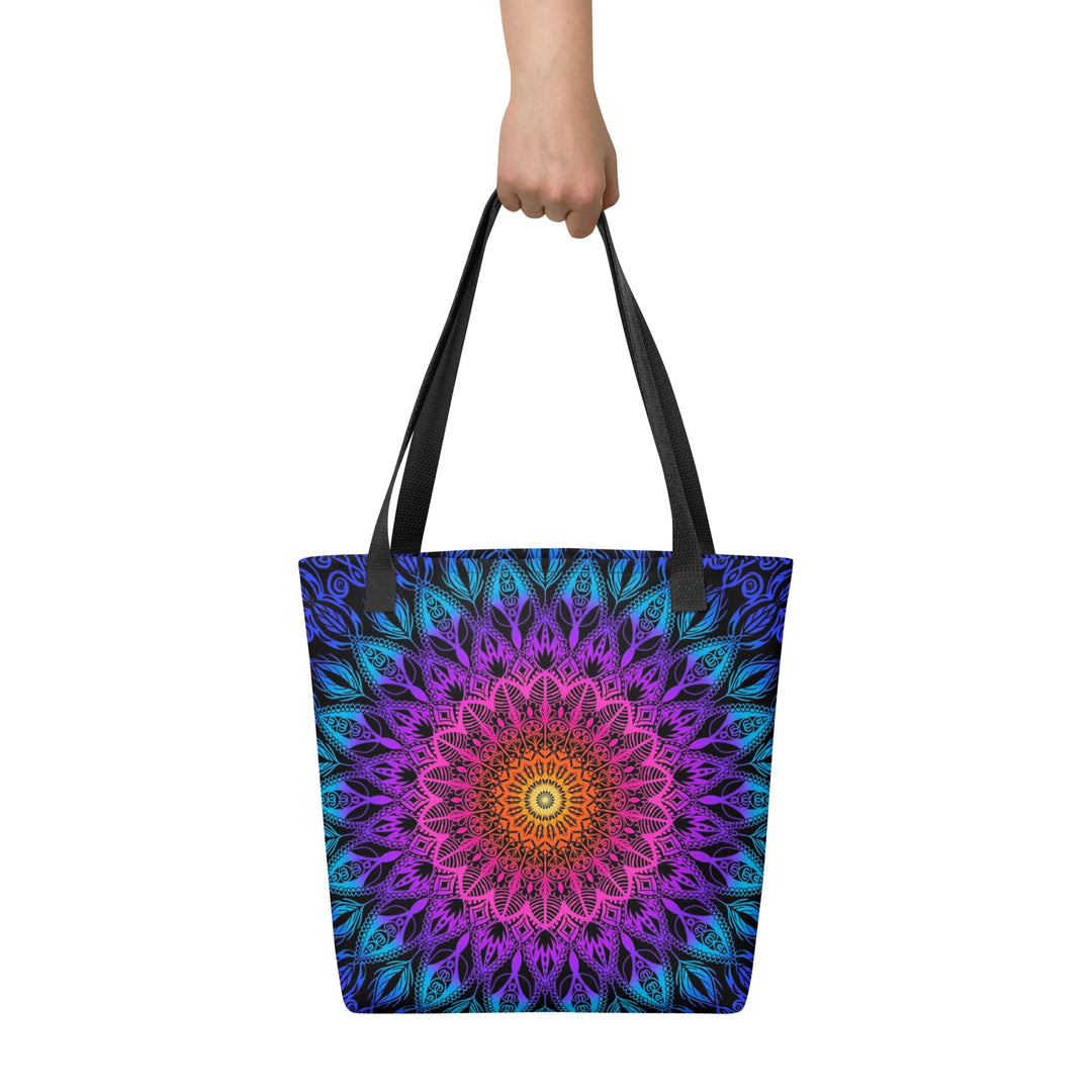 Orange Tote Bag with Pink Purple Blue Mandala Print, front view