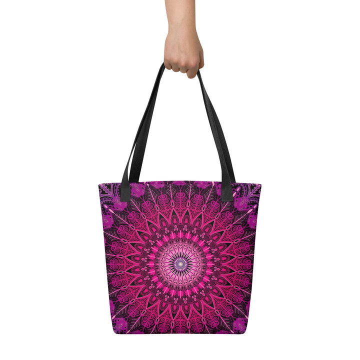 Pink Tote Bag with Black Mandala Boho Design, front view