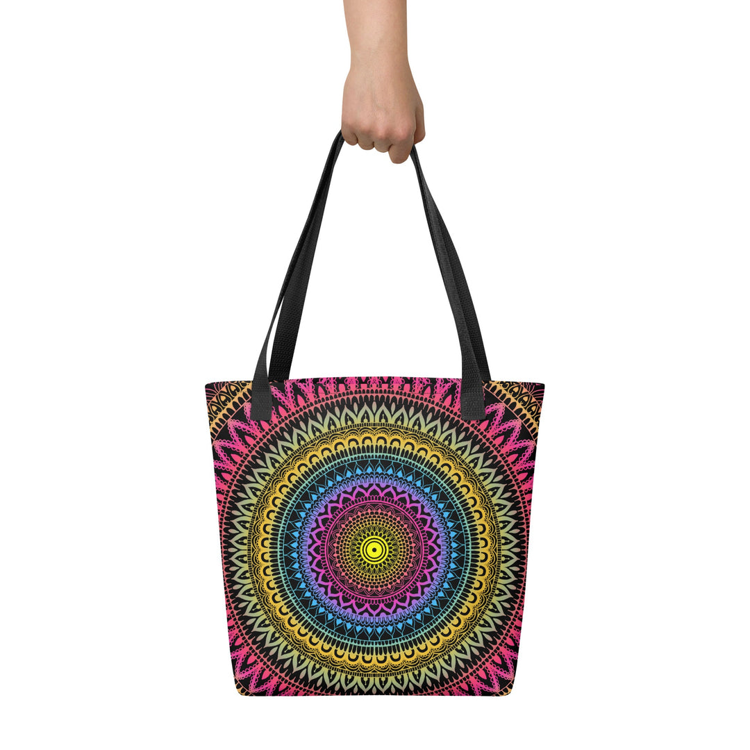 Pink Tote Bag with Yellow Blue Mandala Boho Print, front view