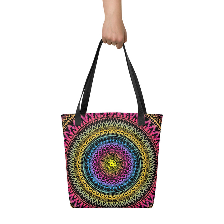 Pink Tote Bag with Yellow Blue Mandala Boho Print, front view