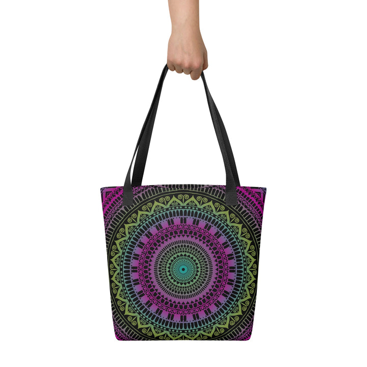 Pink and Green Tote Bag with Mandala Boho Design, front view
