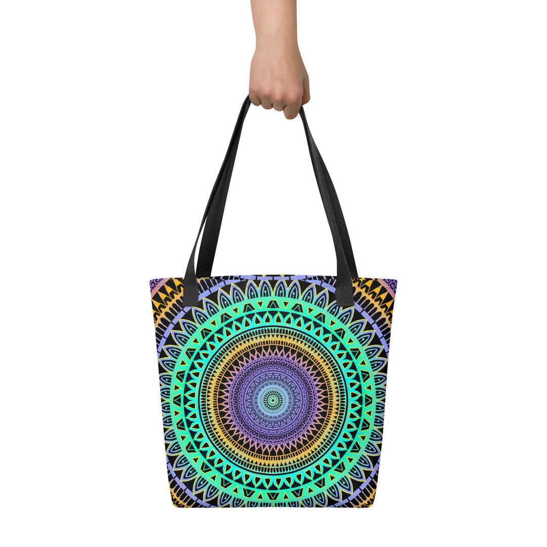 Boho Tote Bag with Mint Green Purple Mandala Design, front view
