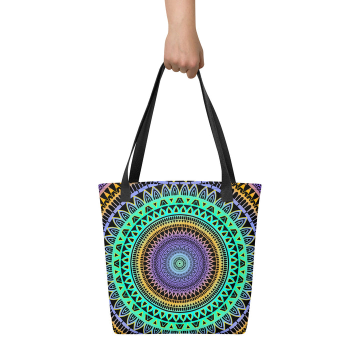 Boho Tote Bag with Mint Green Purple Mandala Design, front view