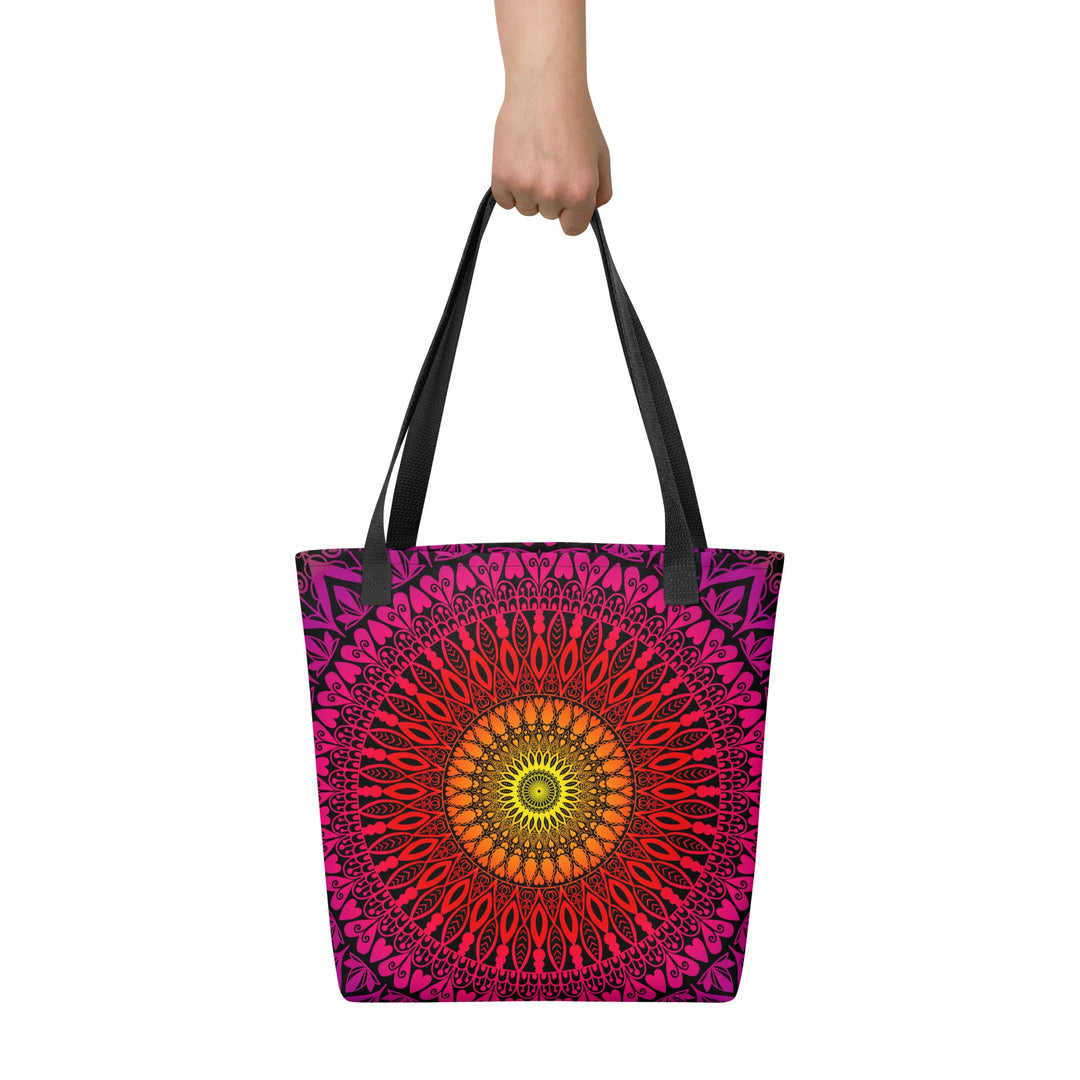 Orange Tote Bag with Red Pink Mandala Boho Design, front view