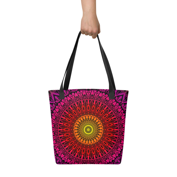 Orange Tote Bag with Red Pink Mandala Boho Design, front view
