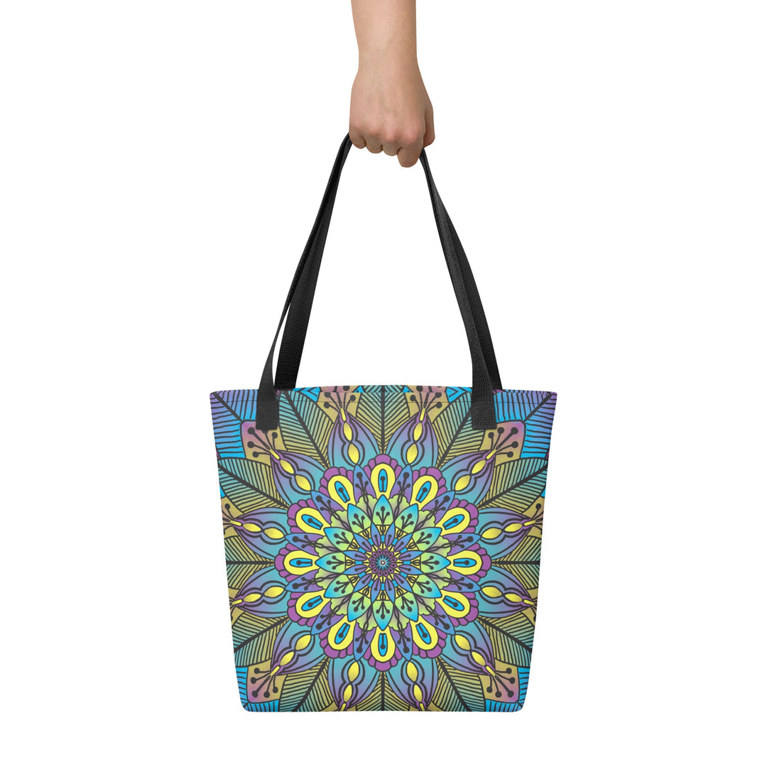 Floral Tote Bag with Green Yellow Purple Mandala, front view