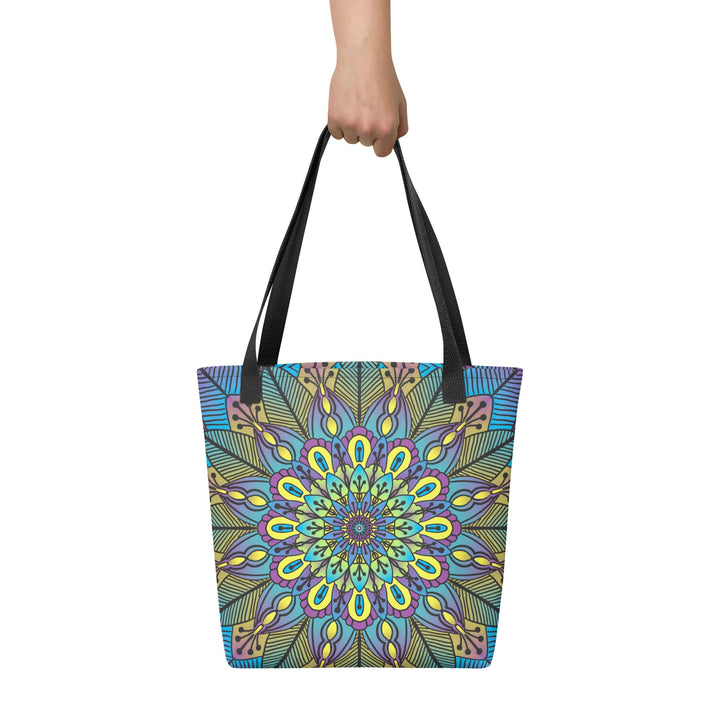 Floral Tote Bag with Green Yellow Purple Mandala, front view