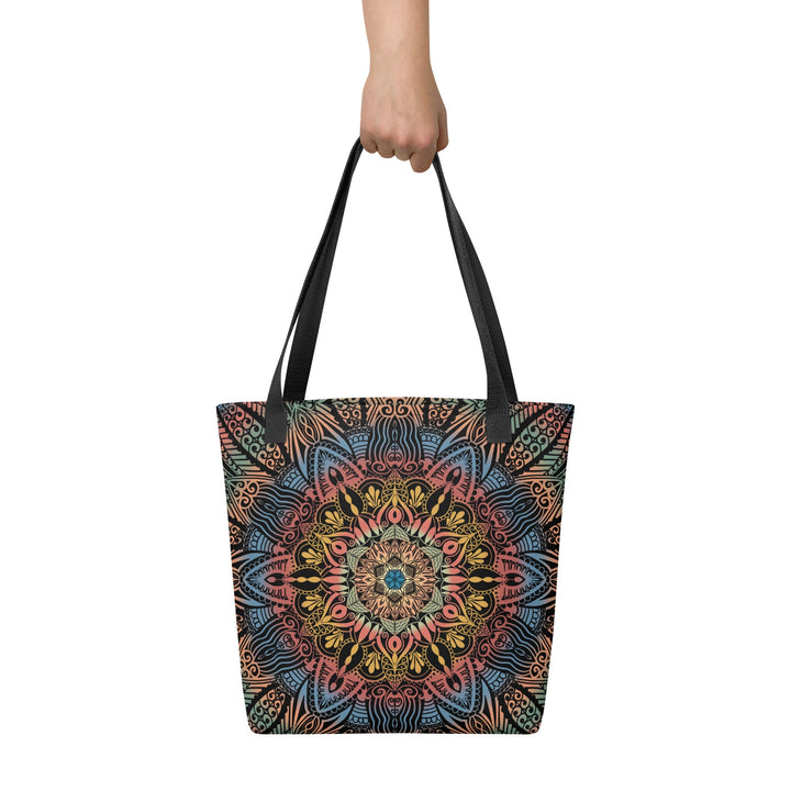 Colorful Tote Bag with Psychedelic Mandala Boho Print, front view